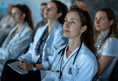 Medical professionals in discussion with city skyline background