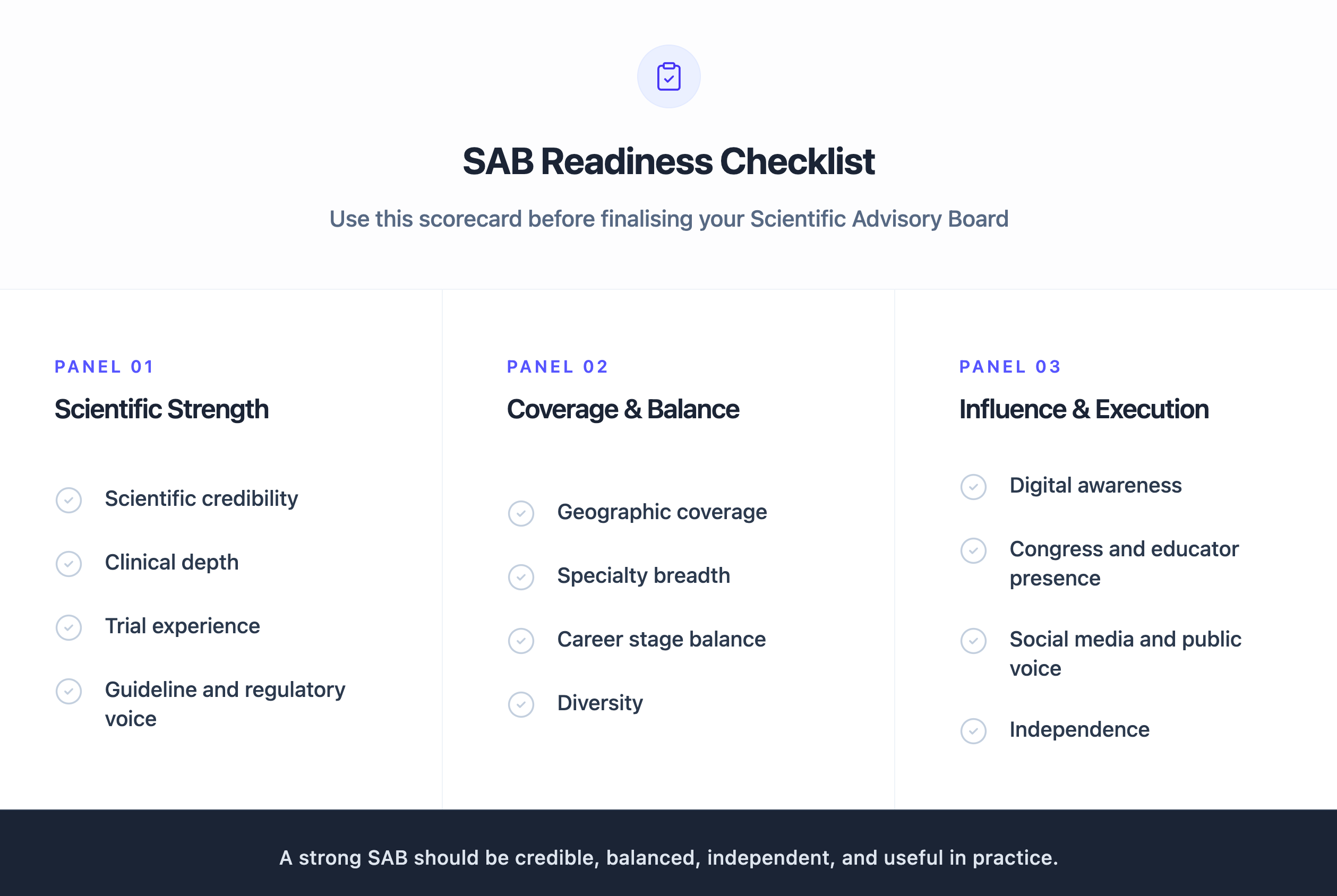 Scientific Advisory Board readiness checklist showing key criteria across scientific strength, coverage and balance, and influence and execution.