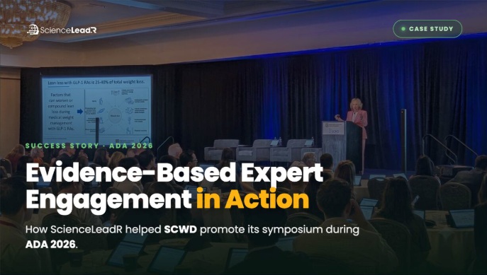 Conference room with a presenter at a podium on stage; audience watches as a slide deck with charts is projected on the left; large headline reads 'Evidence-Based Expert Engagement in Action'.