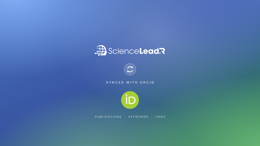 Centered ScienceLead.R logo on a blue-to-green gradient background with a circular sync icon below and the caption 'Synced with ORCID'—landing screen imagery.